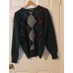 VTG John Ashford Shetland Wool Argyle Sweater Mens L Grandpa Dad Core Green Crew